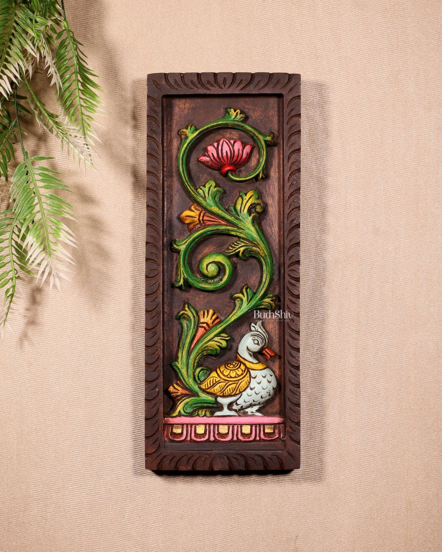 Peacock Handcrafted & Hand - Painted Wooden Wall Hanging Panel 15" - Budhshiv.com
