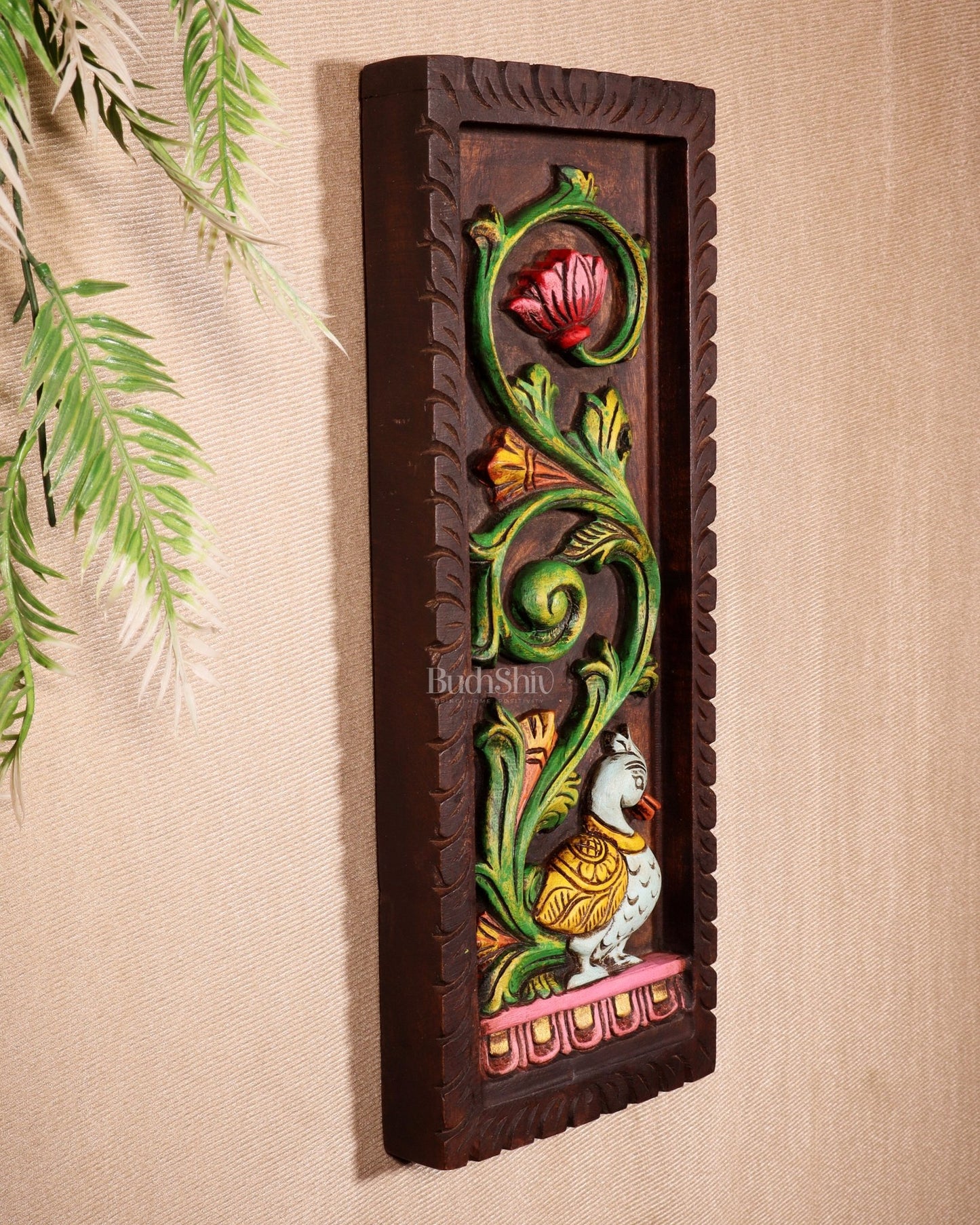 Peacock Handcrafted & Hand - Painted Wooden Wall Hanging Panel 15" - Budhshiv.com