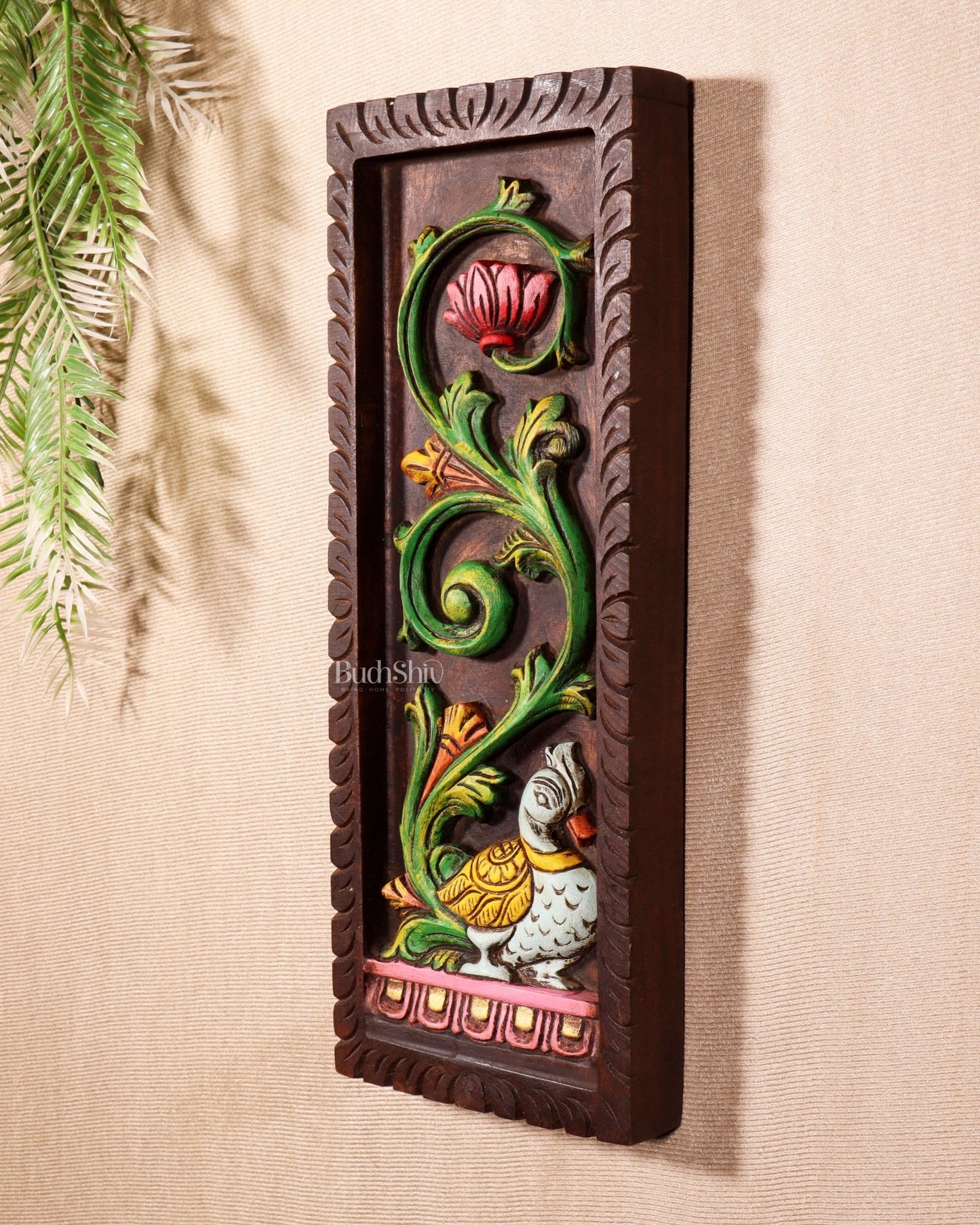 Peacock Handcrafted & Hand - Painted Wooden Wall Hanging Panel 15" - Budhshiv.com