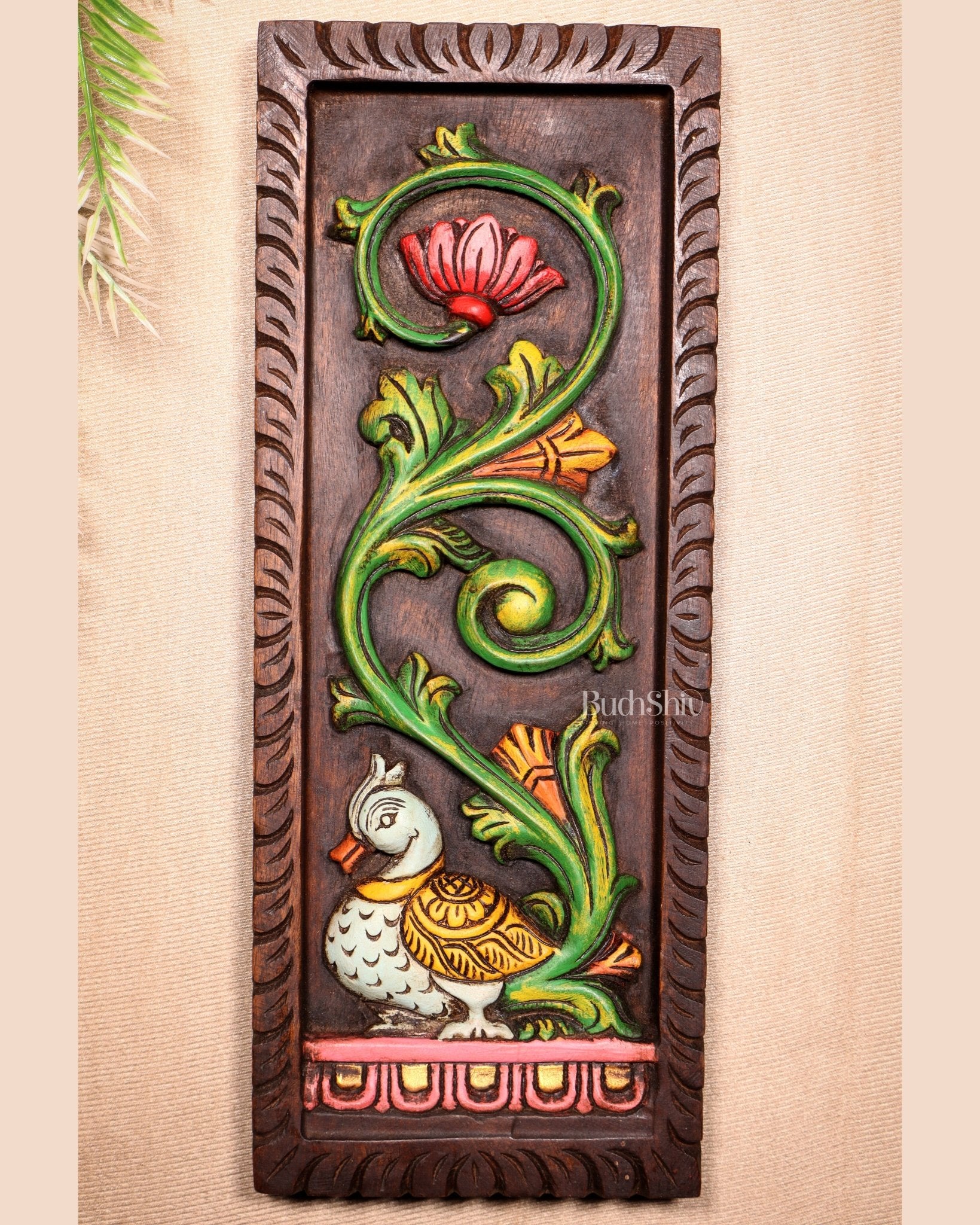 Peacock Handcrafted & Hand - Painted Wooden Wall Hanging Panel 15" - Budhshiv.com