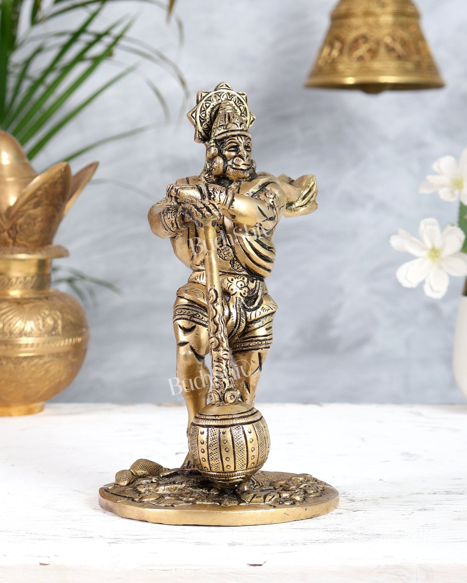 Powerful Standing Hanuman Brass Idol - 7.5" Height, Superfine Craftsmanship - Budhshiv.com