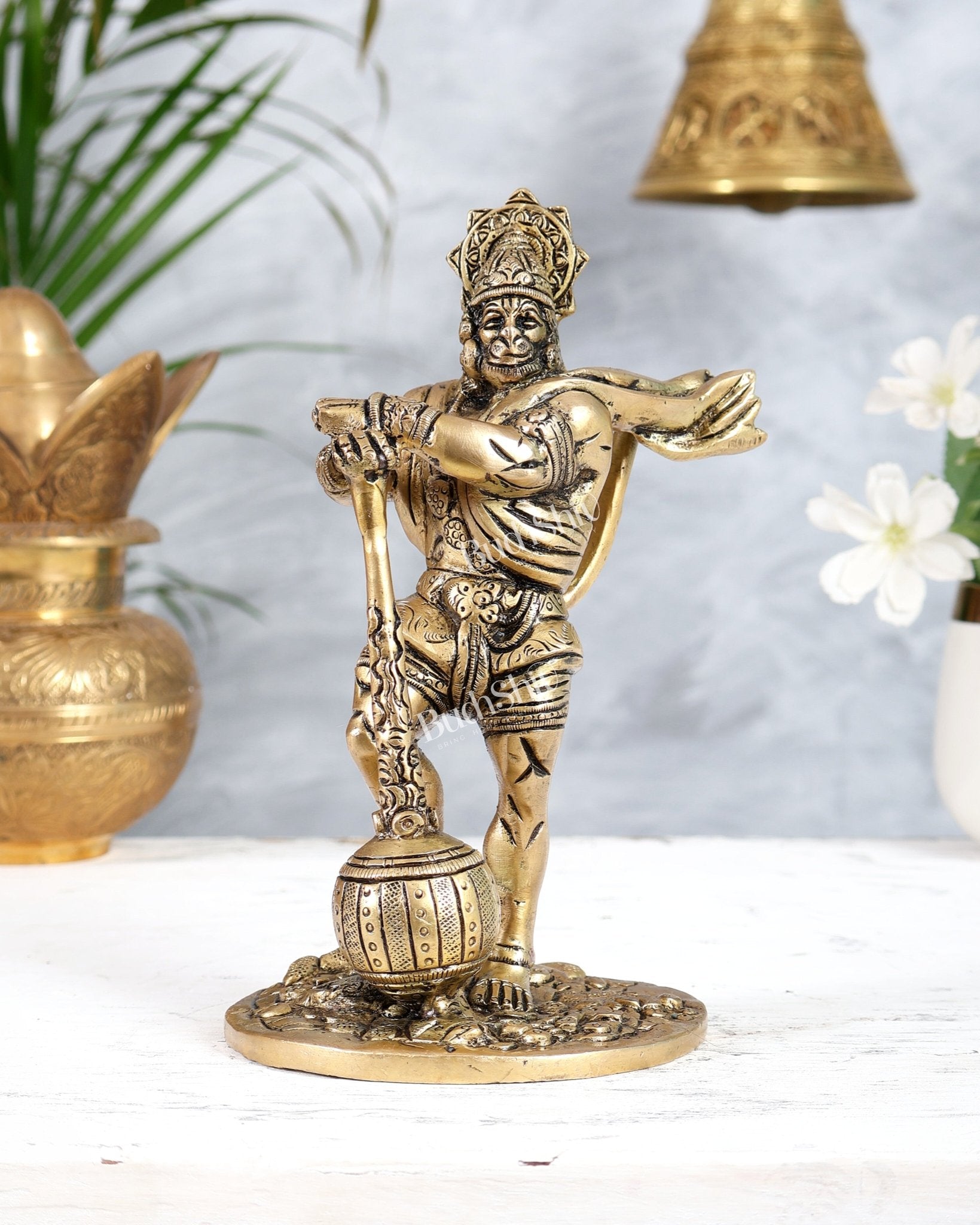 Powerful Standing Hanuman Brass Idol - 7.5" Height, Superfine Craftsmanship - Budhshiv.com