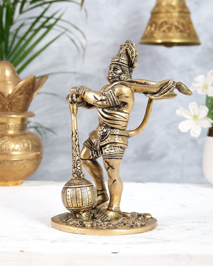 Powerful Standing Hanuman Brass Idol - 7.5" Height, Superfine Craftsmanship - Budhshiv.com