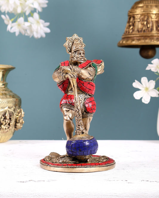 Powerful Standing Hanuman Brass Idol - 7.5" Height with stonework - Budhshiv.com