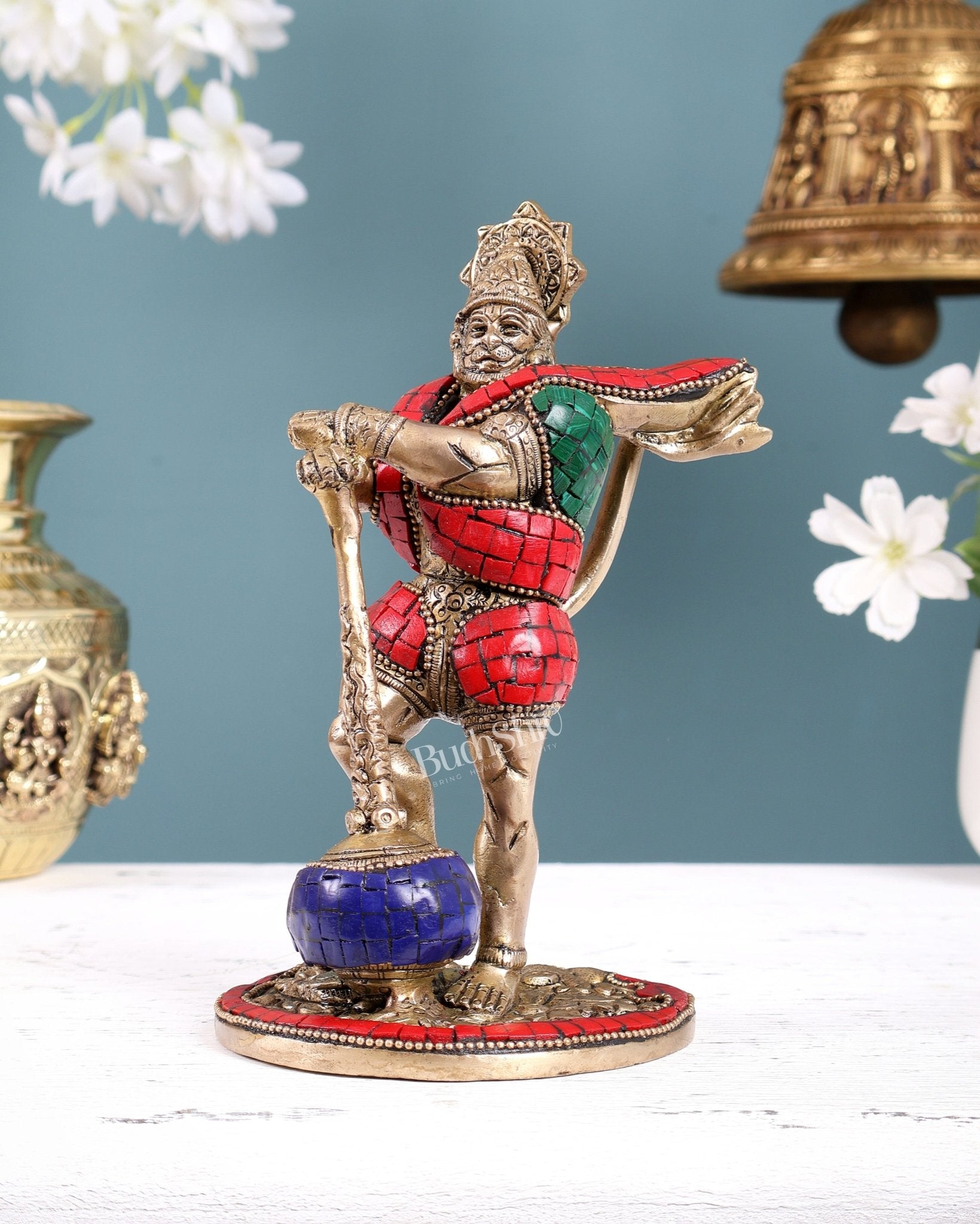Powerful Standing Hanuman Brass Idol - 7.5" Height with stonework - Budhshiv.com