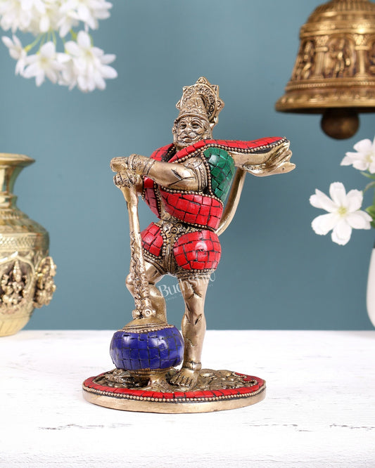 Powerful Standing Hanuman Brass Idol - 7.5" Height with stonework - Budhshiv.com
