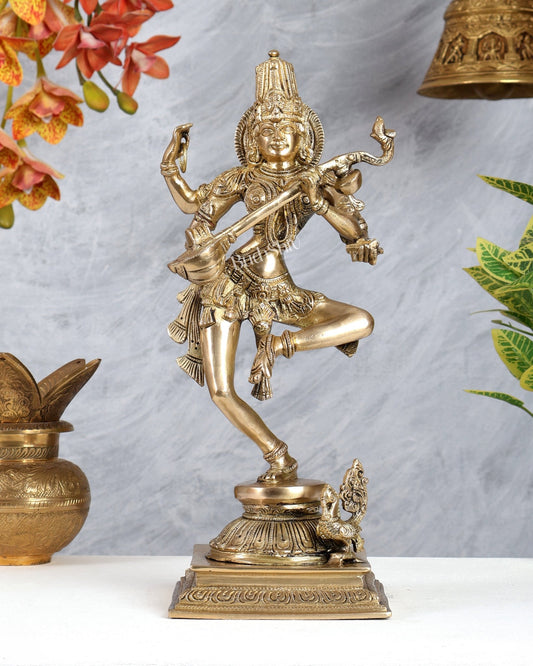 Premium Brass Dancing Saraswati Idol with Annam (Swan) – 14 Inch Divine Sculpture - Budhshiv.com