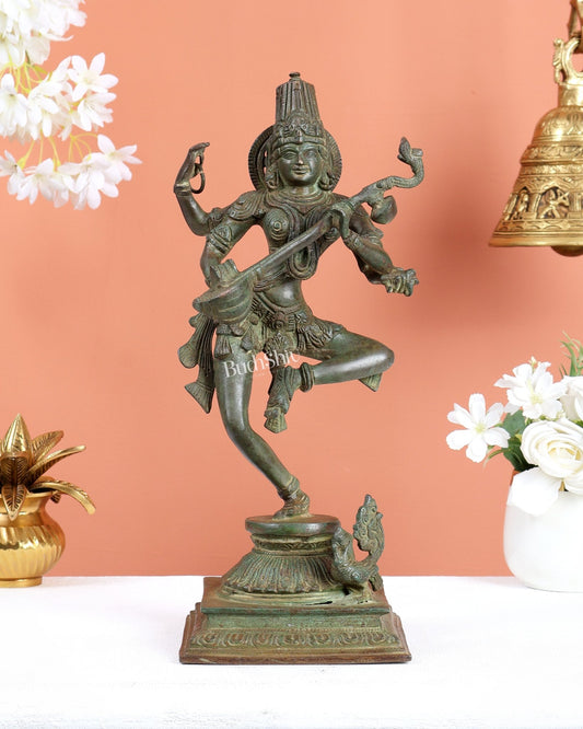 Premium Brass Dancing Saraswati Idol with Annam (Swan) – 14 Inch Green Patina - Budhshiv.com