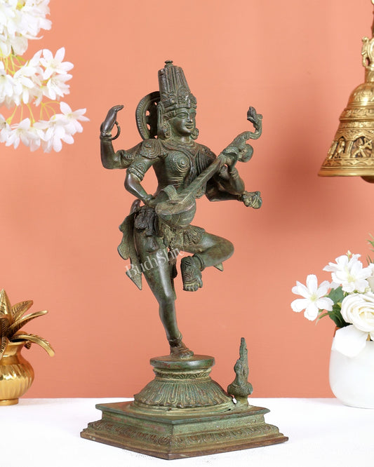 Premium Brass Dancing Saraswati Idol with Annam (Swan) – 14 Inch Green Patina - Budhshiv.com