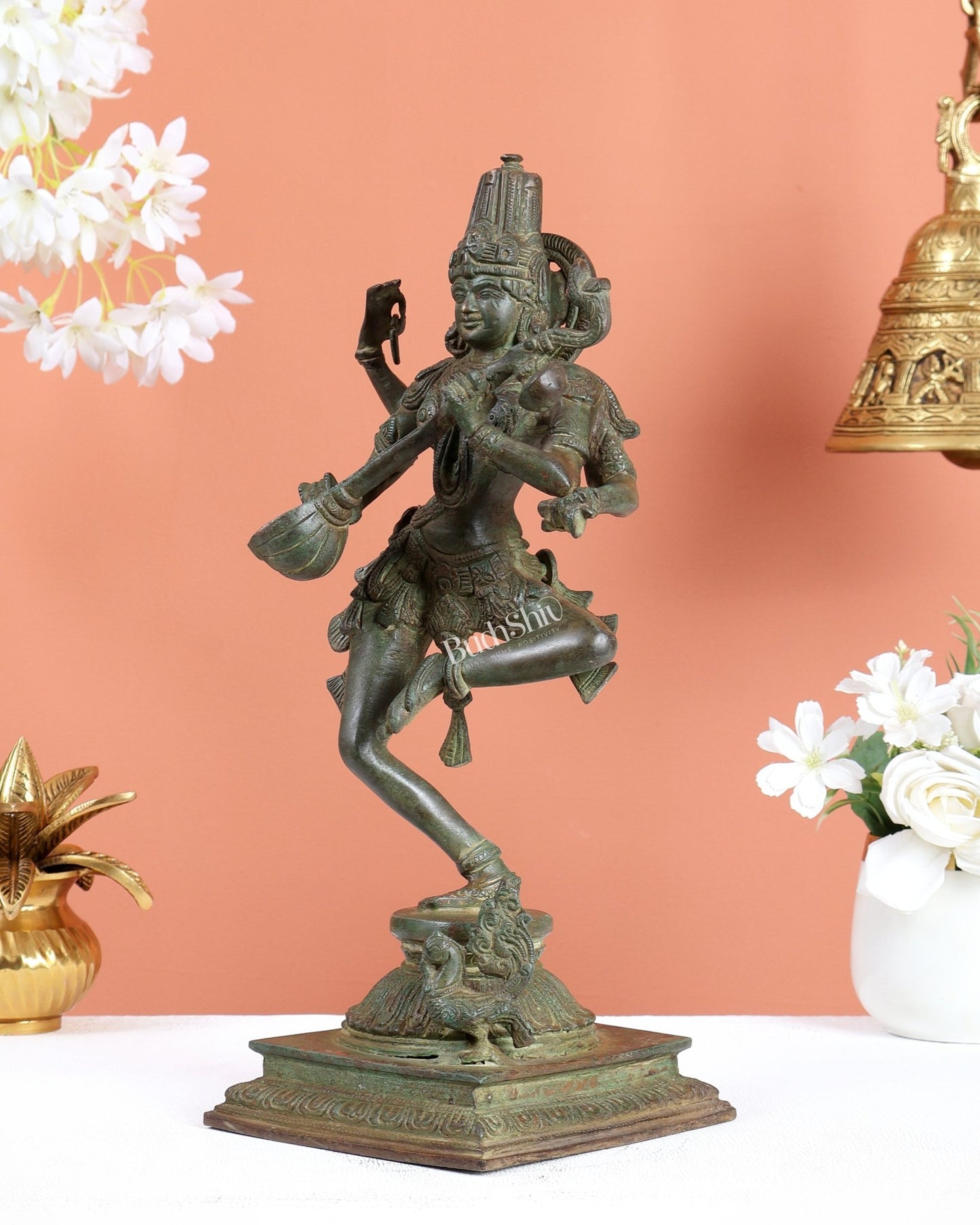 Premium Brass Dancing Saraswati Idol with Annam (Swan) – 14 Inch Green Patina - Budhshiv.com