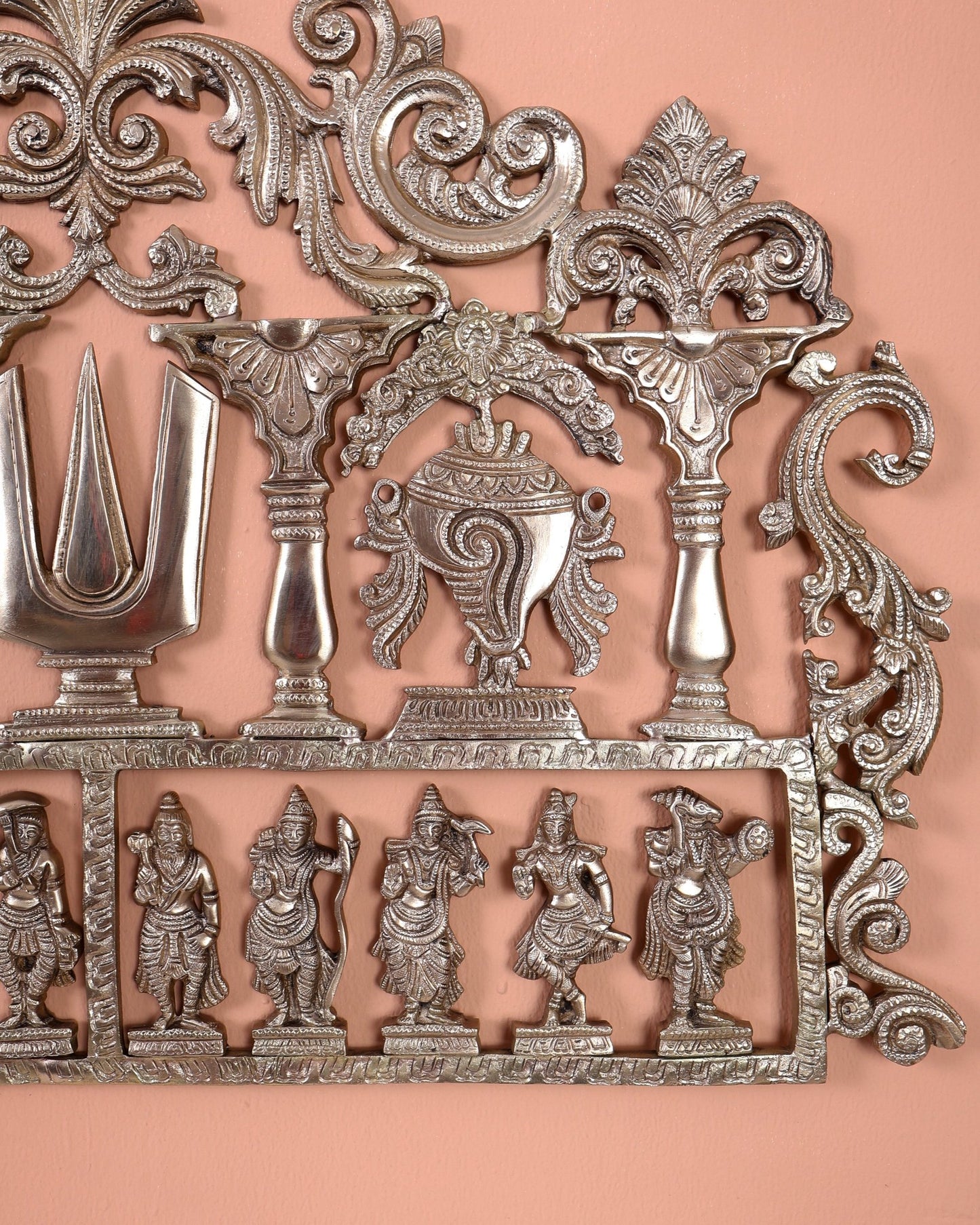 Premium Brass Dashavatar Wall Hanging with Shankh, Chakra & Tilak Motifs – Handcrafted Vishnu Wall Décor 23.5 inch - Budhshiv.com