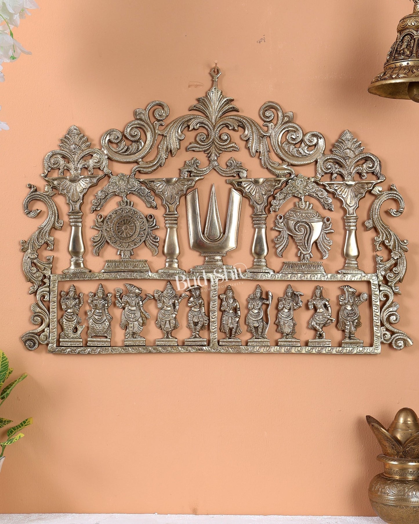 Premium Brass Dashavatar Wall Hanging with Shankh, Chakra & Tilak Motifs – Handcrafted Vishnu Wall Décor 23.5 inch - Budhshiv.com