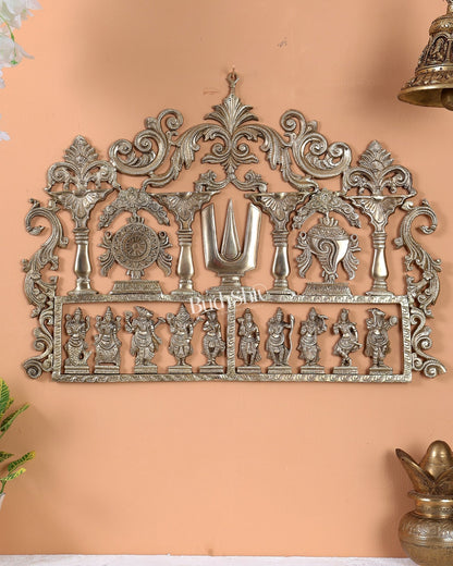 Premium Brass Dashavatar Wall Hanging with Shankh, Chakra & Tilak Motifs – Handcrafted Vishnu Wall Décor 23.5 inch - Budhshiv.com