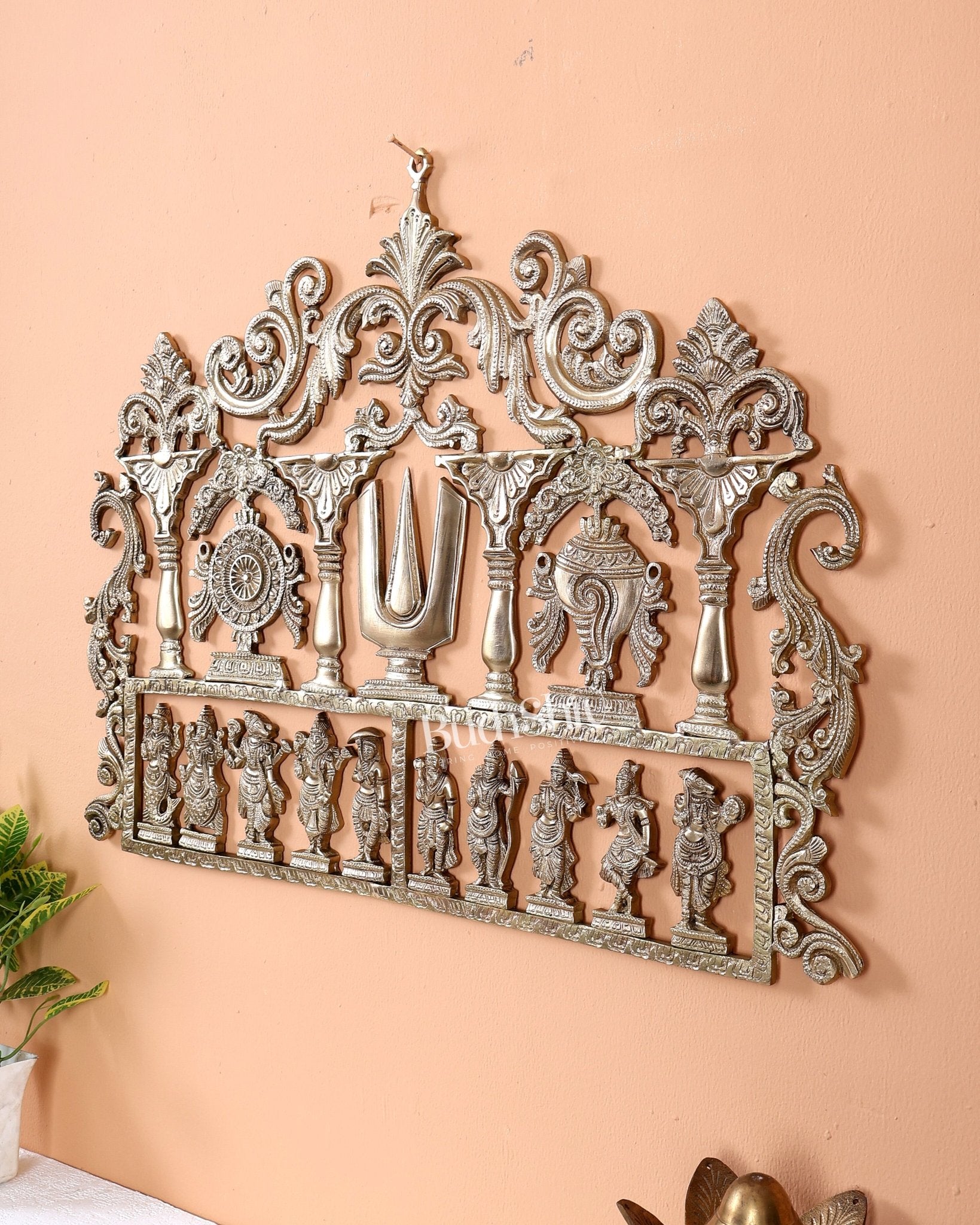 Premium Brass Dashavatar Wall Hanging with Shankh, Chakra & Tilak Motifs – Handcrafted Vishnu Wall Décor 23.5 inch - Budhshiv.com