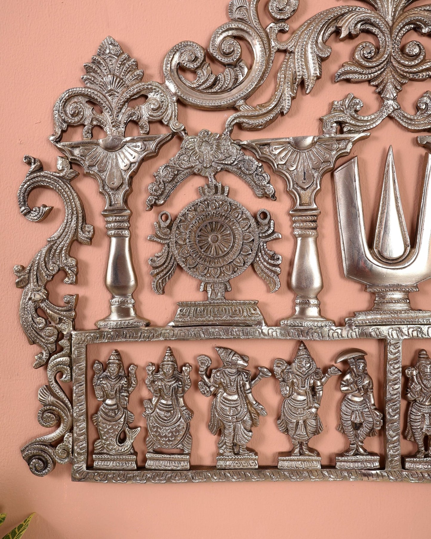 Premium Brass Dashavatar Wall Hanging with Shankh, Chakra & Tilak Motifs – Handcrafted Vishnu Wall Décor 23.5 inch - Budhshiv.com