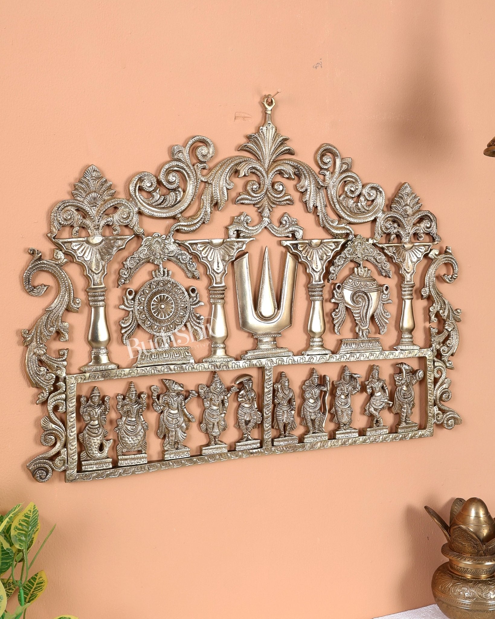Premium Brass Dashavatar Wall Hanging with Shankh, Chakra & Tilak Motifs – Handcrafted Vishnu Wall Décor 23.5 inch - Budhshiv.com