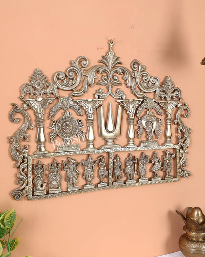 Premium Brass Dashavatar Wall Hanging with Shankh, Chakra & Tilak Motifs – Handcrafted Vishnu Wall Décor 23.5 inch - Budhshiv.com