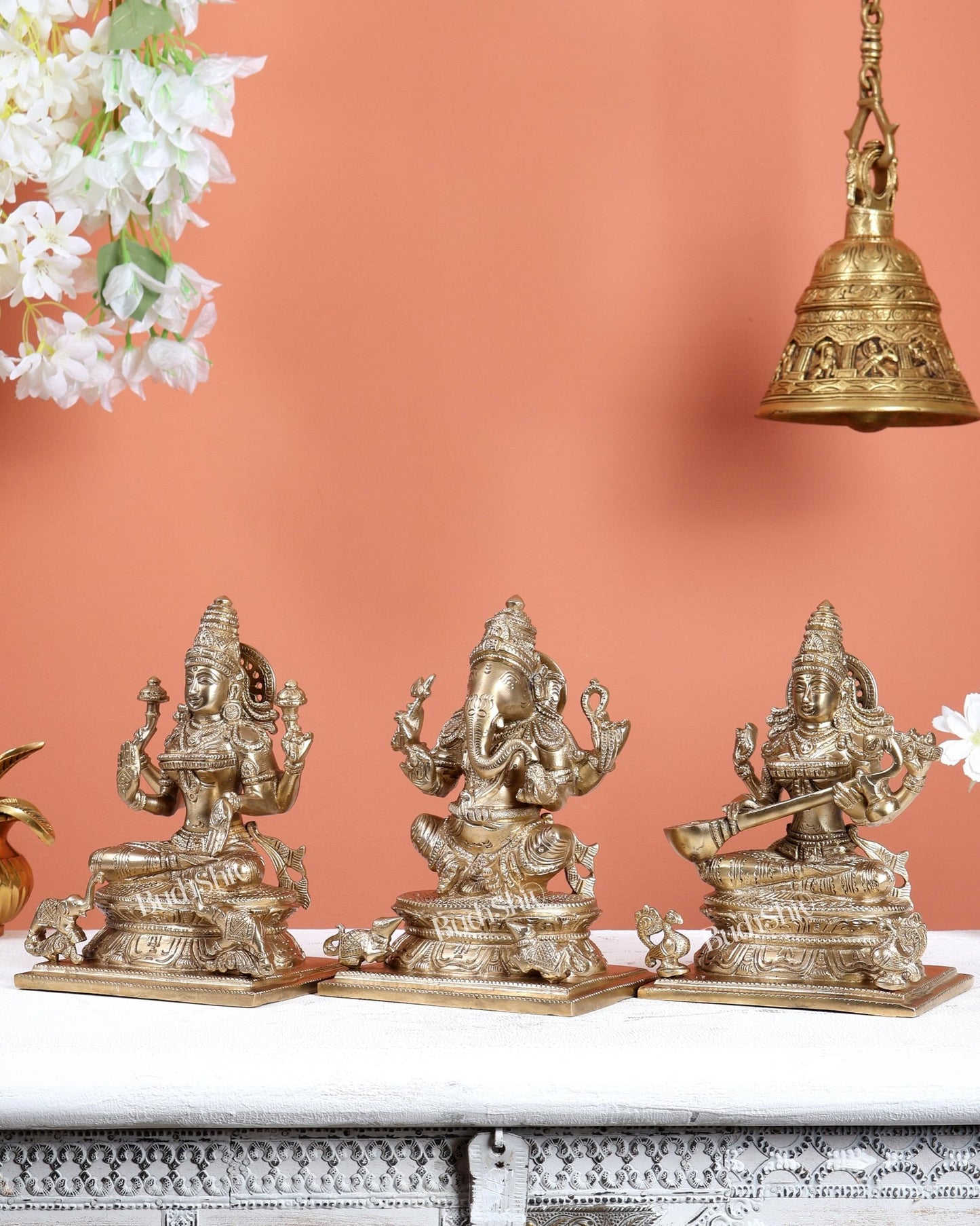 Premium Brass Ganesh lakshmi Saraswati Idols 7" - Budhshiv.com