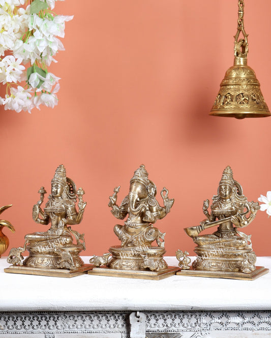 Premium Brass Ganesh lakshmi Saraswati Idols 7" - Budhshiv.com