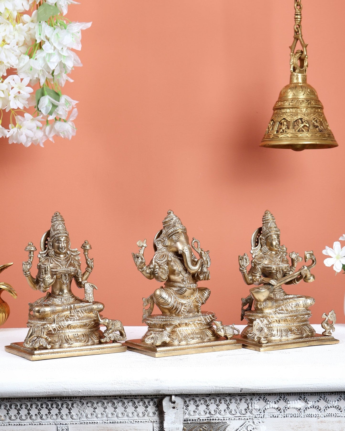 Premium Brass Ganesh lakshmi Saraswati Idols 7" - Budhshiv.com