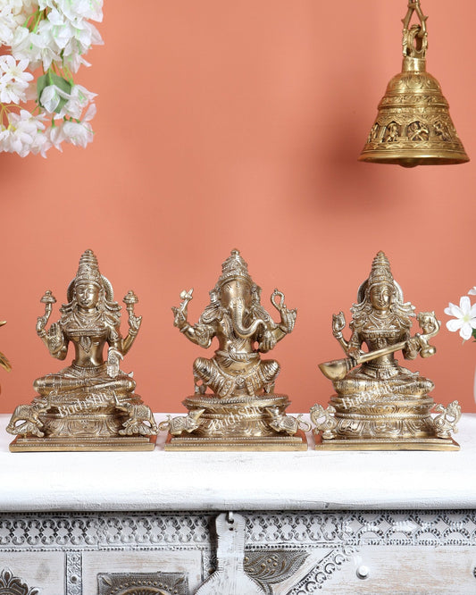 Premium Brass Ganesh lakshmi Saraswati Idols 7" - Budhshiv.com