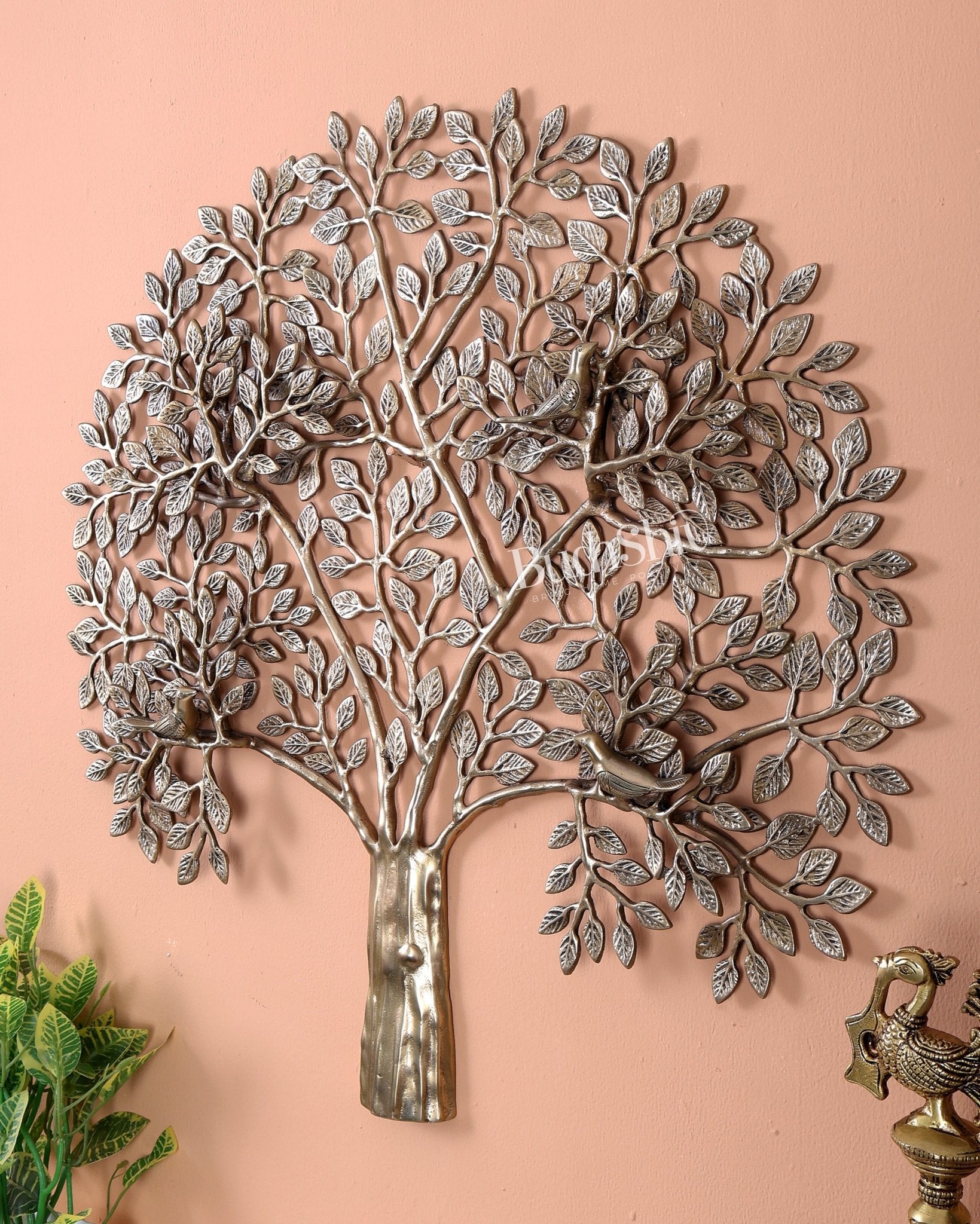 Premium Brass Kalpavriksha Tree with Birds Wall Hanging – Handcrafted Tree of Life Wall Décor 24 inch - Budhshiv.com