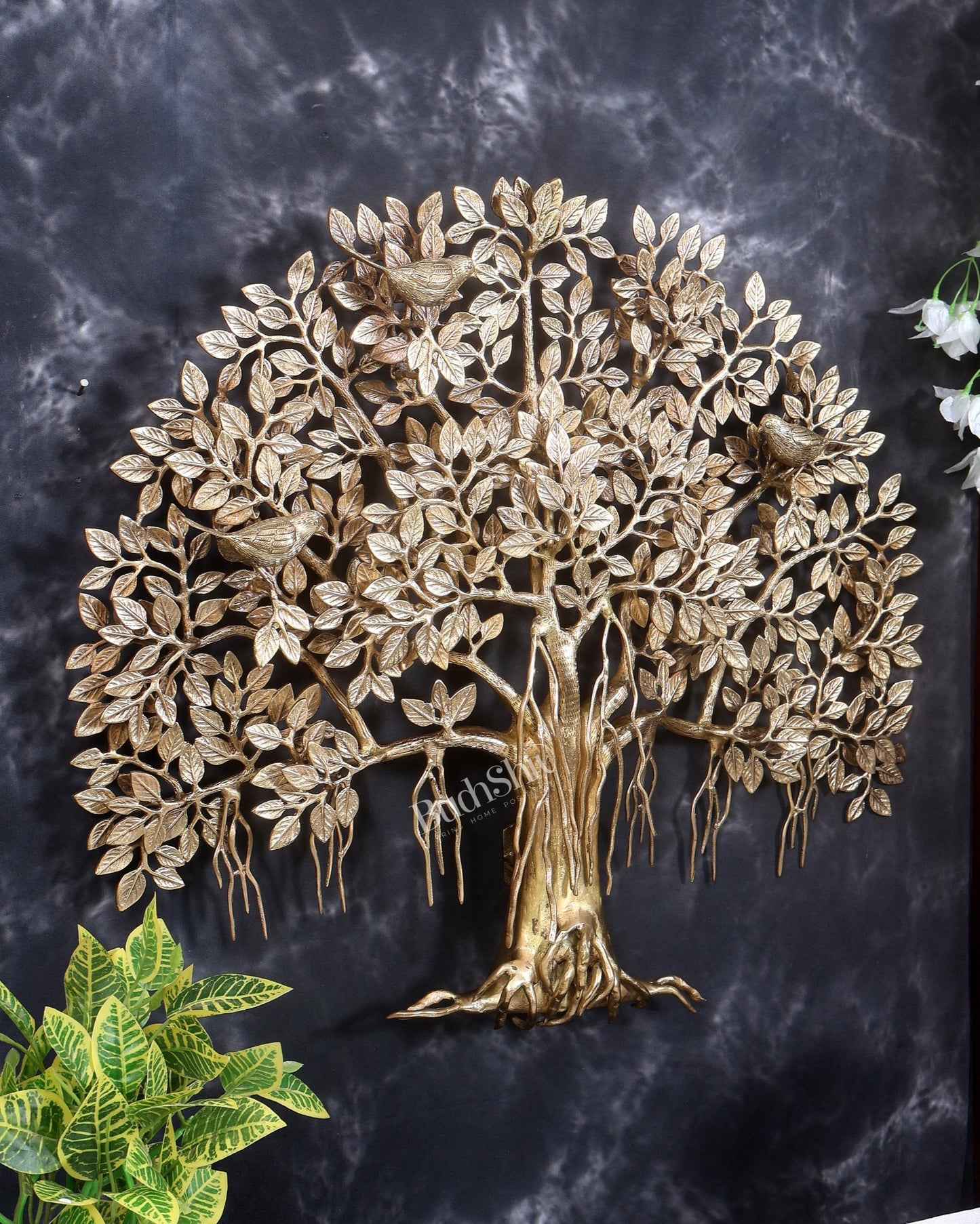 Premium Brass Large Kalpavriksha Tree Wall Hanging | Roots & Birds 28 inch - Budhshiv.com