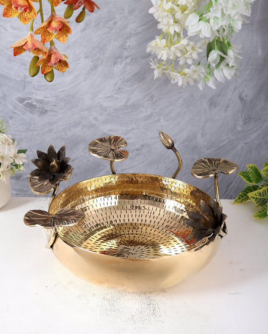 Premium Brass Lightweight Urli with Lotus & Pond Flowers Design – Decorative Bowl (14 Inches) - Budhshiv.com