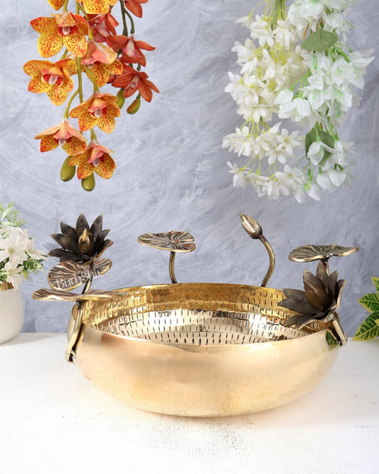 Premium Brass Lightweight Urli with Lotus & Pond Flowers Design – Decorative Bowl (14 Inches) - Budhshiv.com