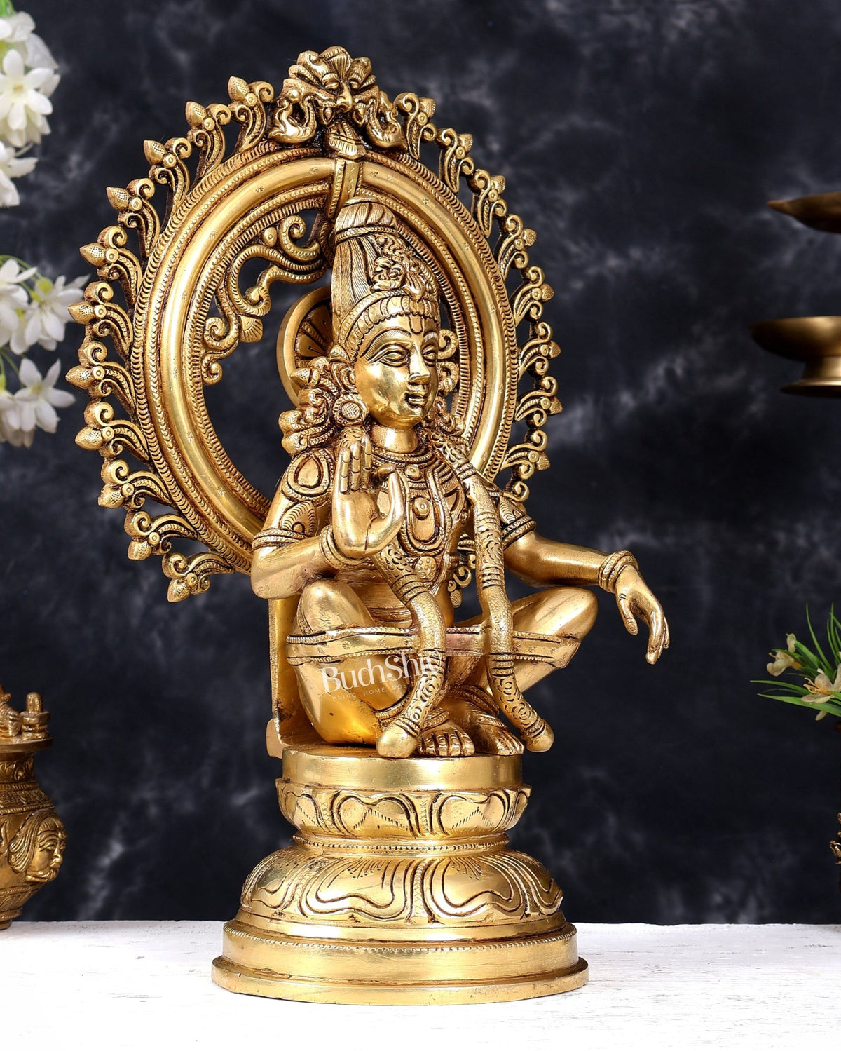 Premium Brass Lord Ayyappa Swamy Statue with Prabhavali 15 inch - Budhshiv.com