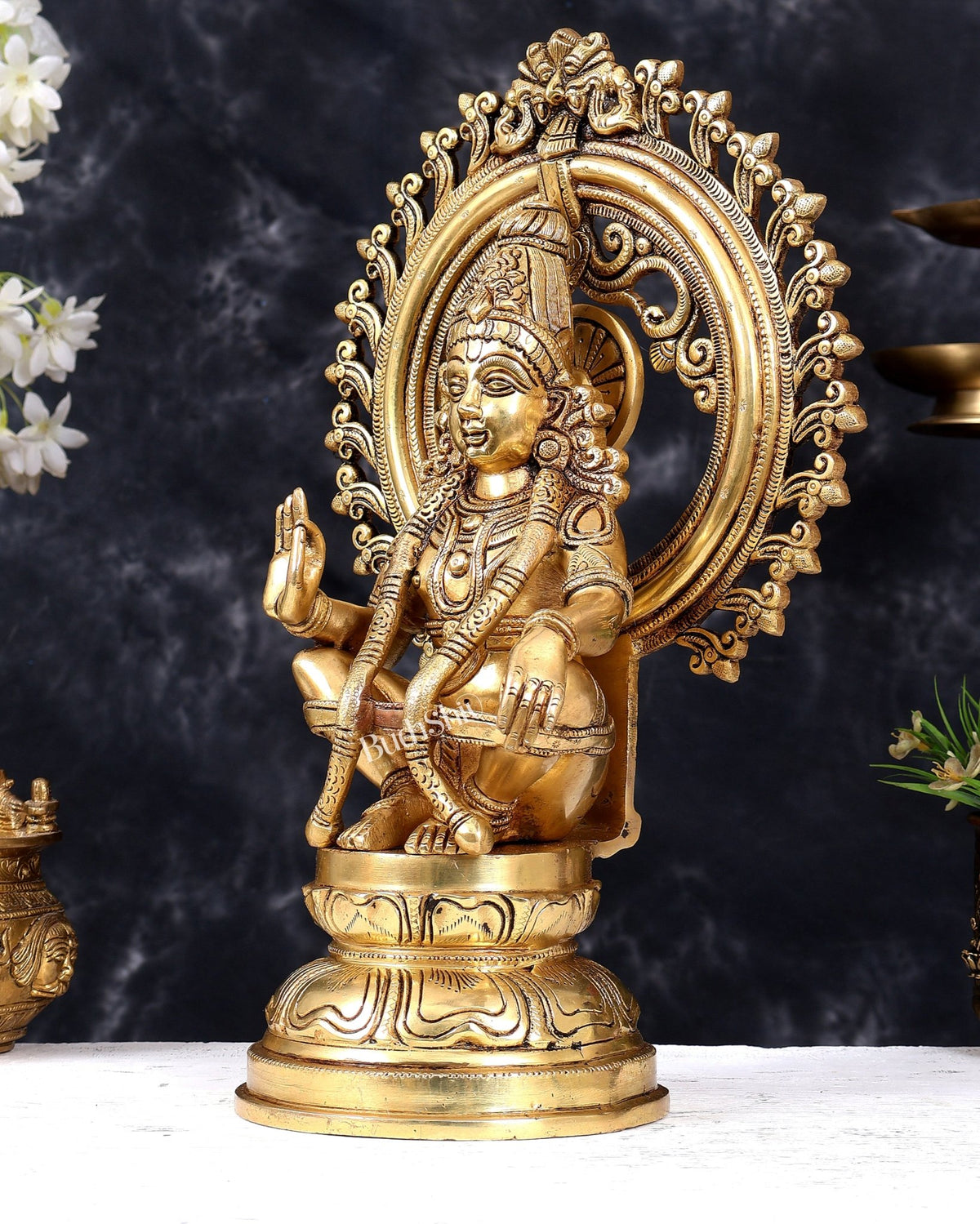 Premium Brass Lord Ayyappa Swamy Statue with Prabhavali 15 inch - Budhshiv.com