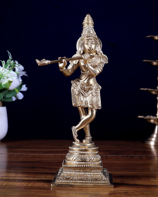 Premium Brass Lord Krishna Sleek Idol – 9 Inch | Elegant Brass Krishna Statue | BudhShiv - Budhshiv.com