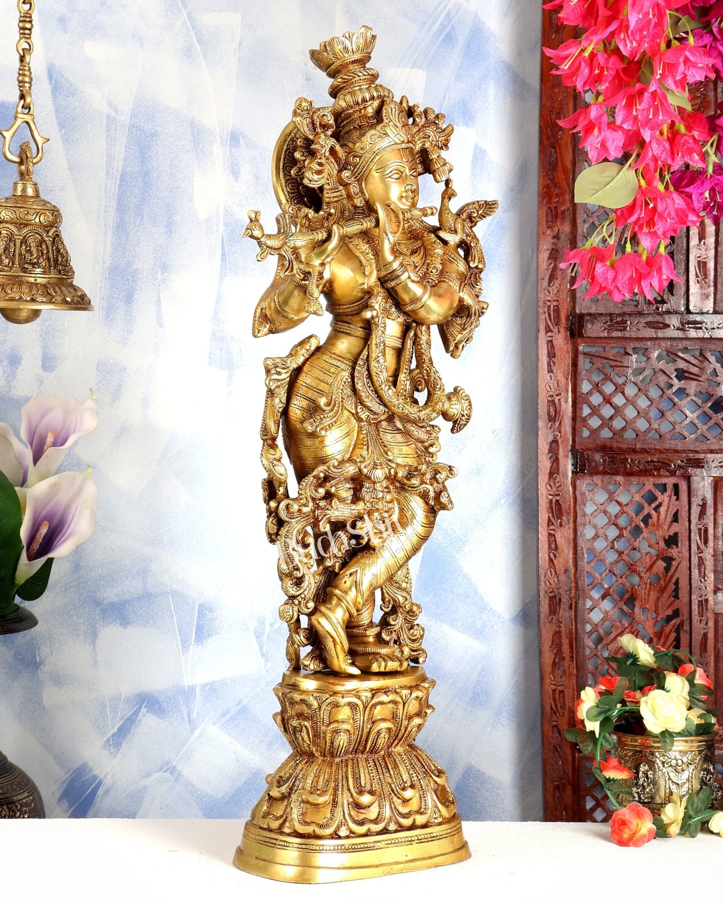Premium Brass Lord Krishna Statue – Butter Gold Tone Handcrafted Divine Sculpture 30 inch - Budhshiv.com