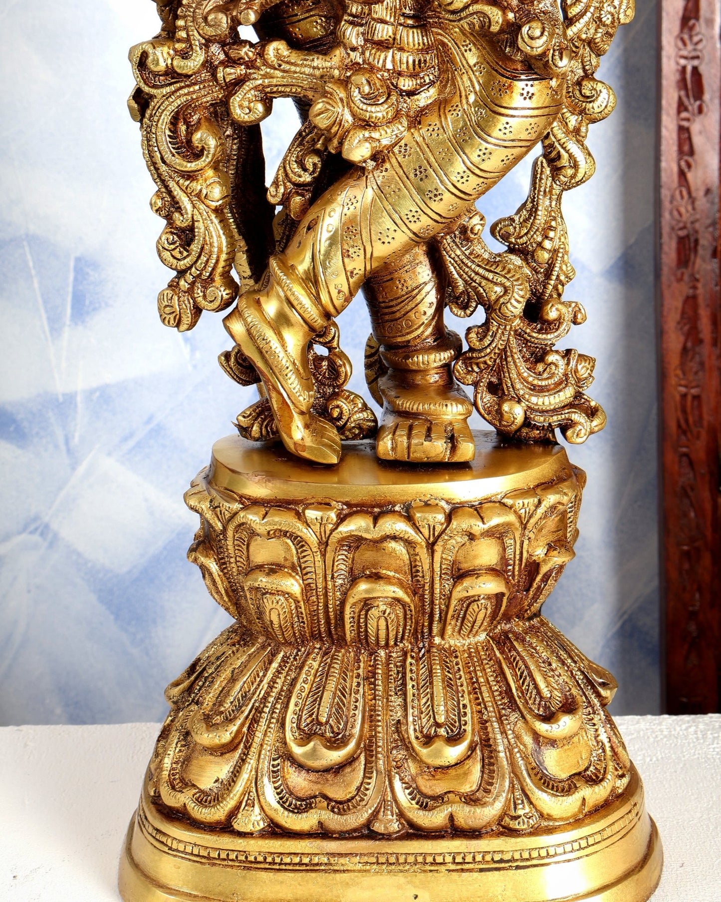Premium Brass Lord Krishna Statue – Butter Gold Tone Handcrafted Divine Sculpture 30 inch - Budhshiv.com