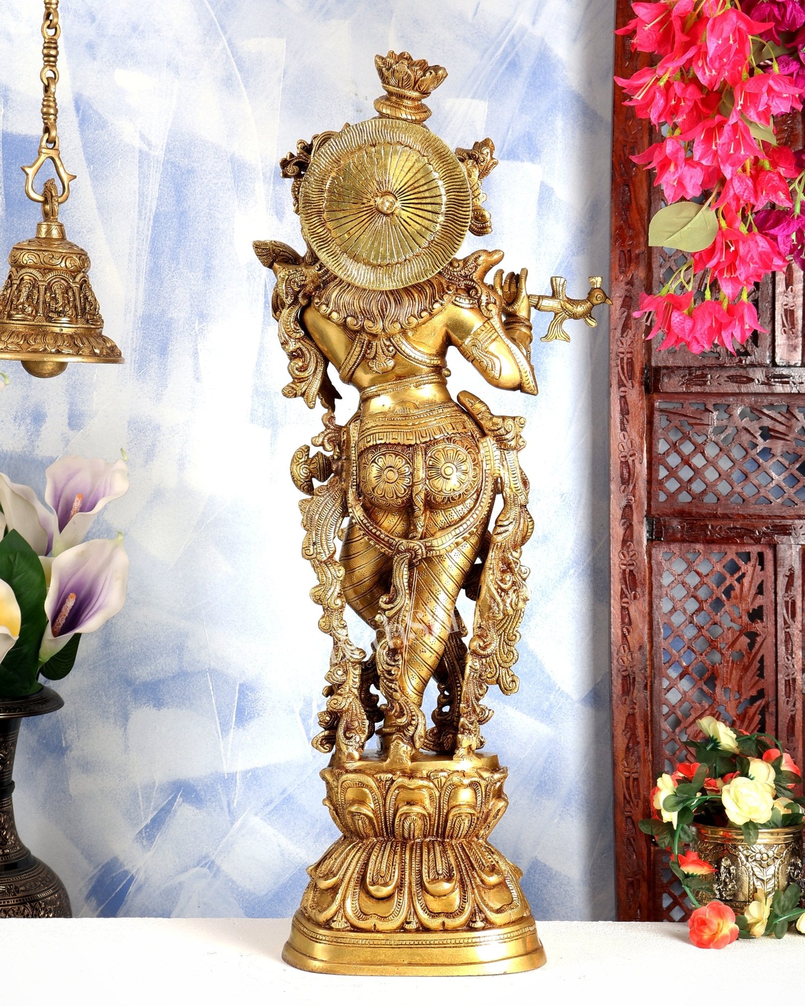 Premium Brass Lord Krishna Statue – Butter Gold Tone Handcrafted Divine Sculpture 30 inch - Budhshiv.com