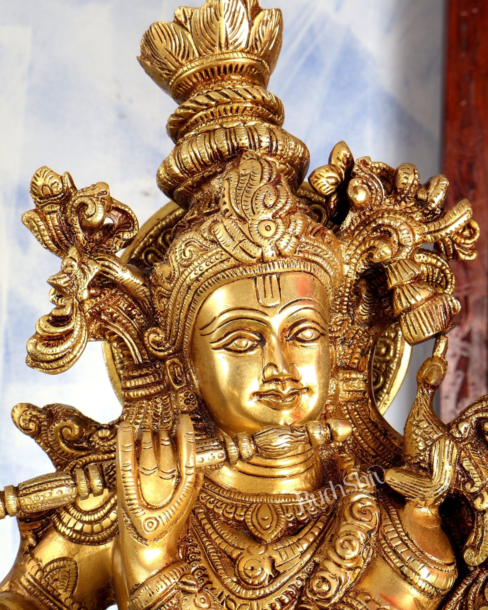 Premium Brass Lord Krishna Statue – Butter Gold Tone Handcrafted Divine Sculpture 30 inch - Budhshiv.com
