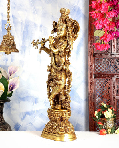 Premium Brass Lord Krishna Statue – Butter Gold Tone Handcrafted Divine Sculpture 30 inch - Budhshiv.com