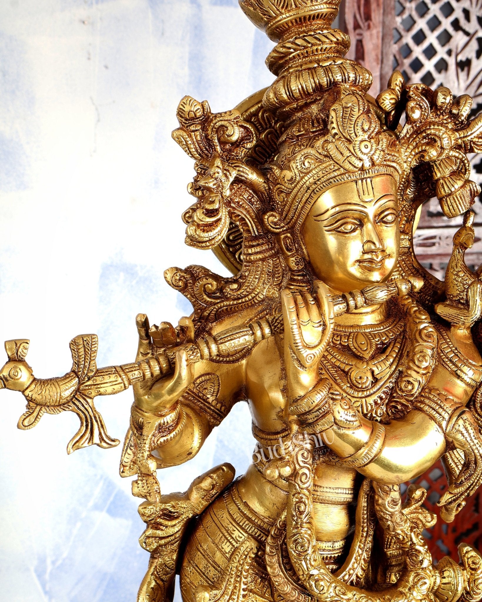 Premium Brass Lord Krishna Statue – Butter Gold Tone Handcrafted Divine Sculpture 30 inch - Budhshiv.com