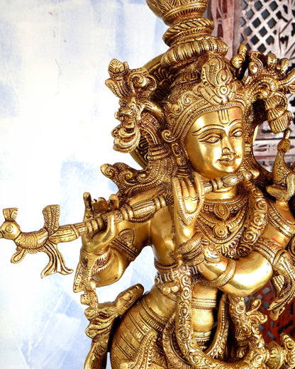Premium Brass Lord Krishna Statue – Butter Gold Tone Handcrafted Divine Sculpture 30 inch - Budhshiv.com