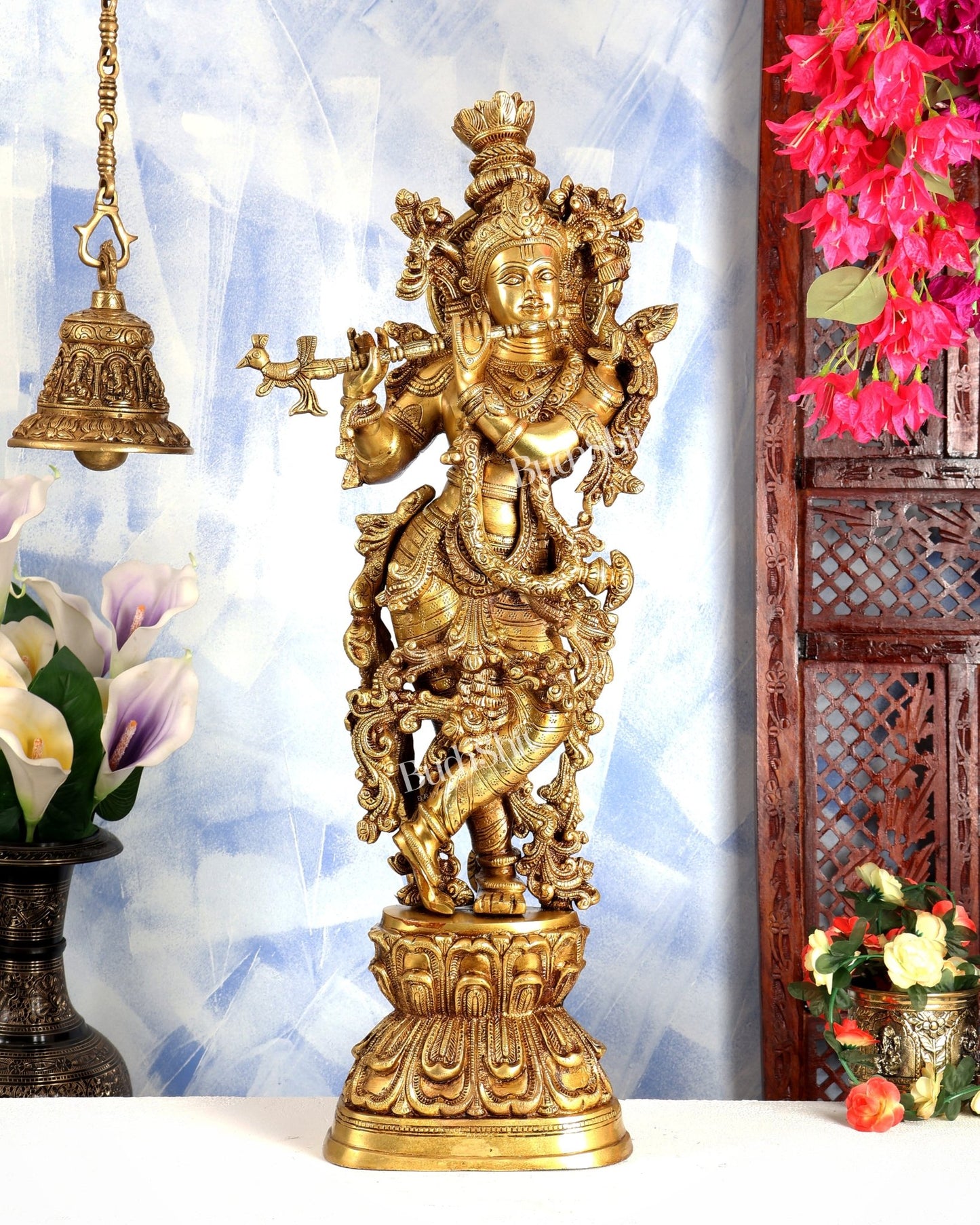 Premium Brass Lord Krishna Statue – Butter Gold Tone Handcrafted Divine Sculpture 30 inch - Budhshiv.com