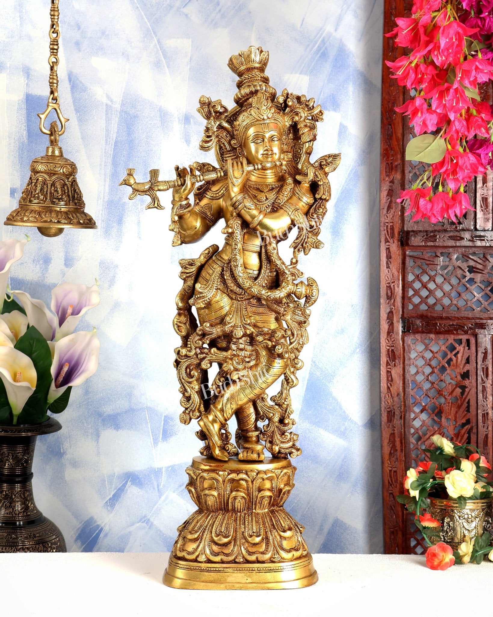 Premium Brass Lord Krishna Statue – Butter Gold Tone Handcrafted Divine Sculpture 30 inch - Budhshiv.com