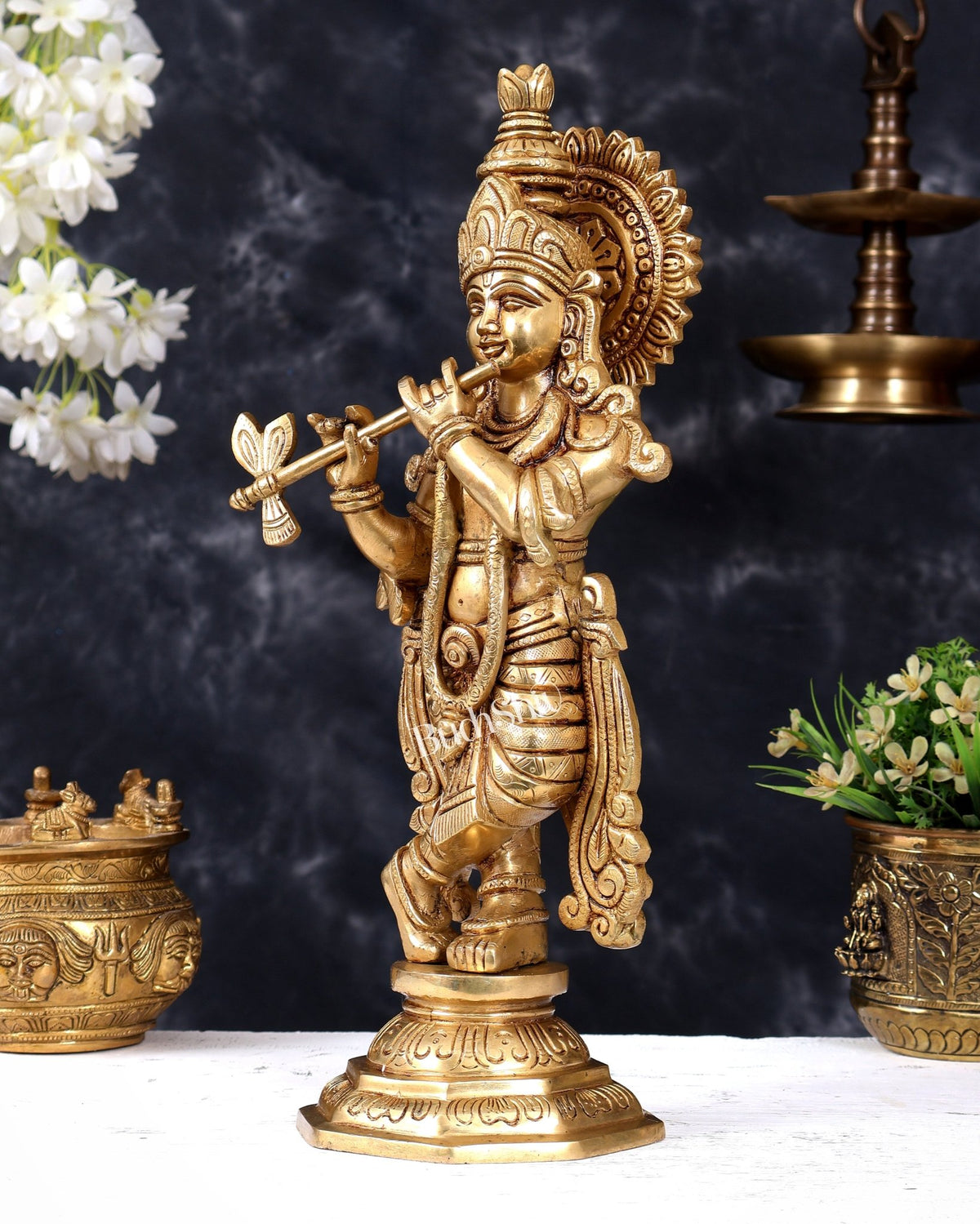Premium Brass Lord Krishna Statue — Highly Detailed, Smiling 14.5 inch - Budhshiv.com