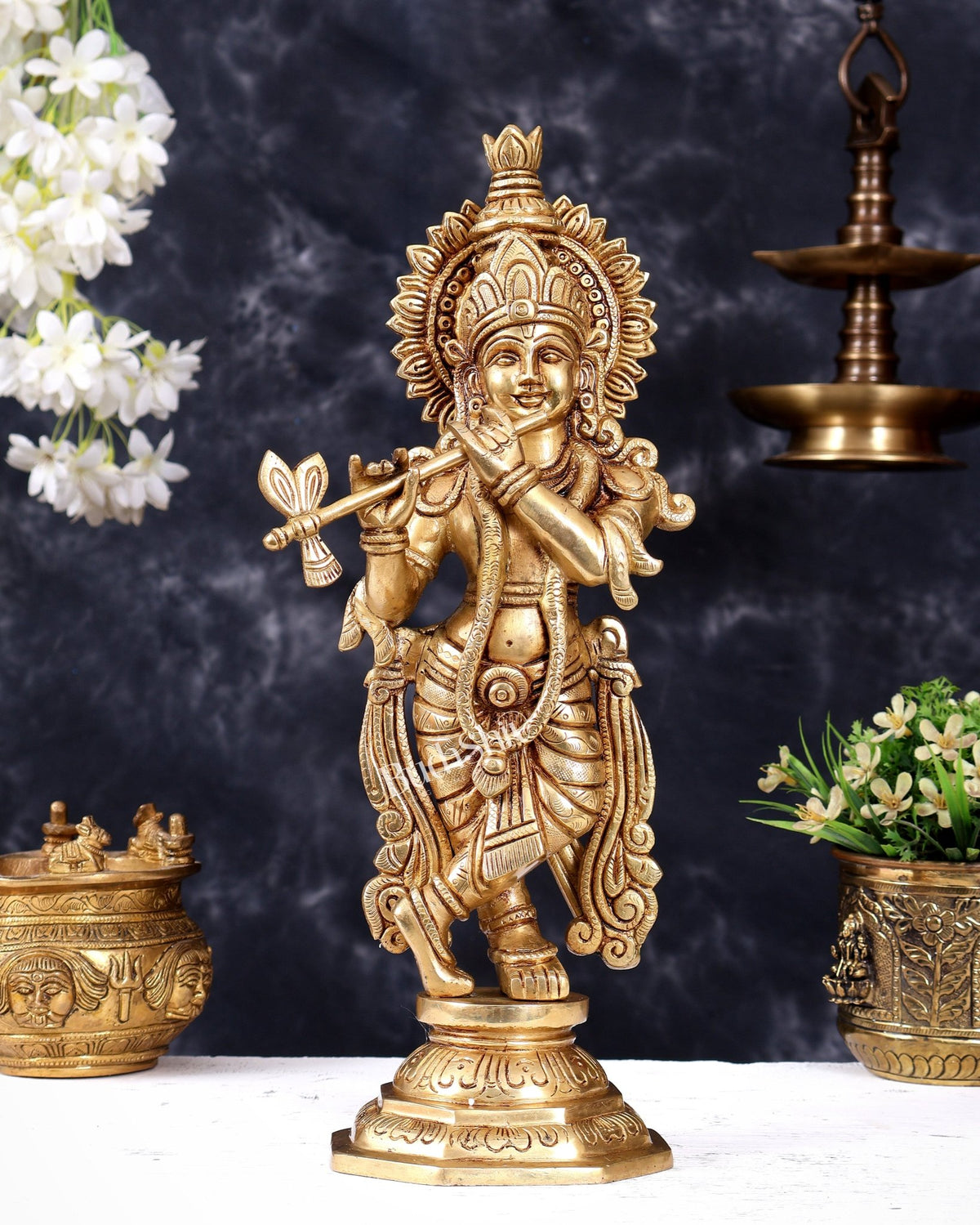 Premium Brass Lord Krishna Statue — Highly Detailed, Smiling 14.5 inch - Budhshiv.com