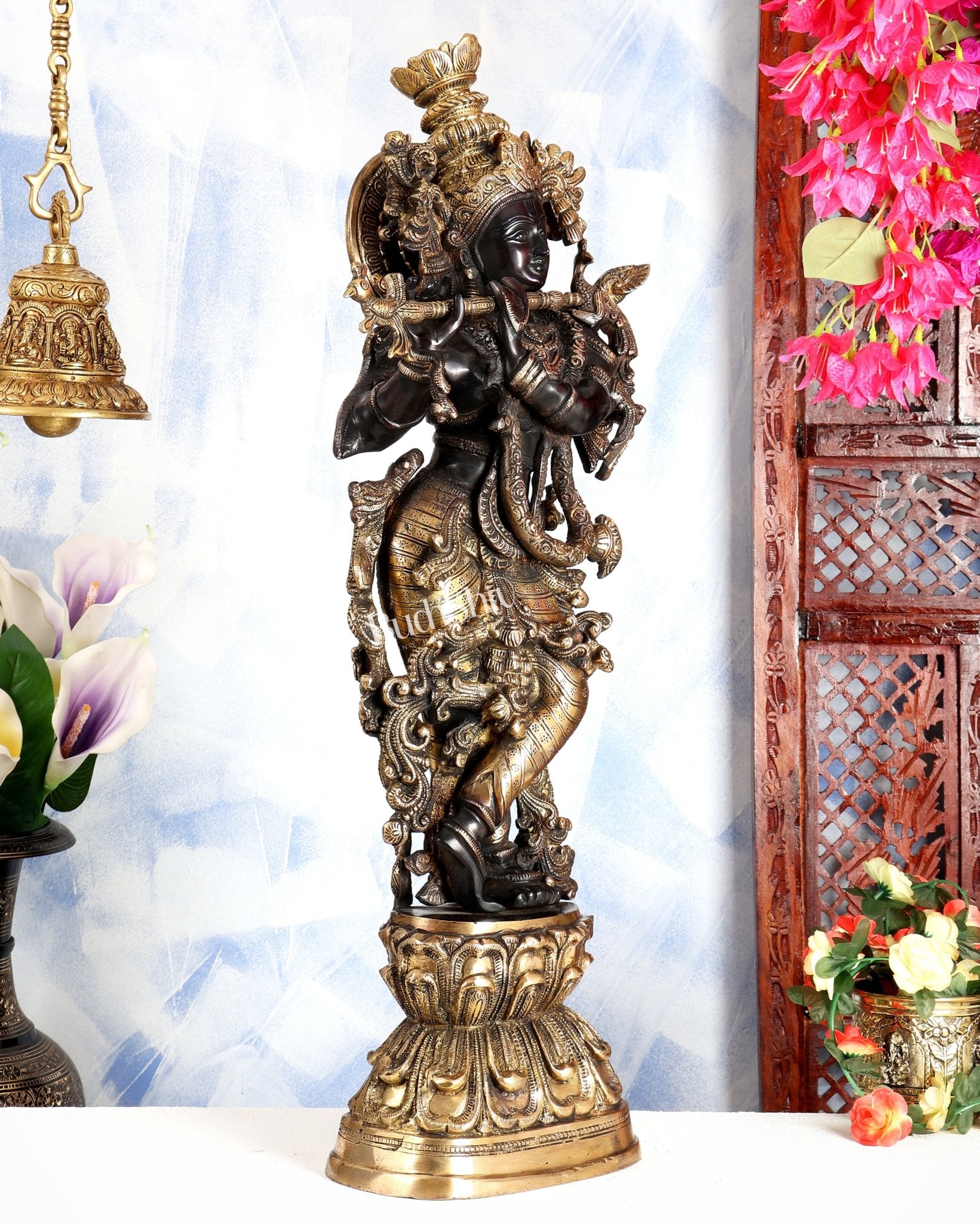 Premium Brass Lord Krishna Statue – Midnight Black Finish Handcrafted Divine Sculpture 30 inch - Budhshiv.com
