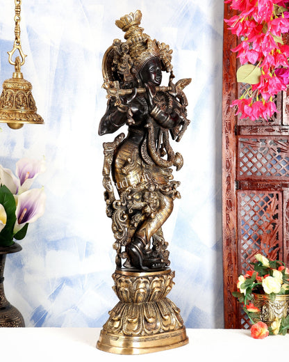 Premium Brass Lord Krishna Statue – Midnight Black Finish Handcrafted Divine Sculpture 30 inch - Budhshiv.com