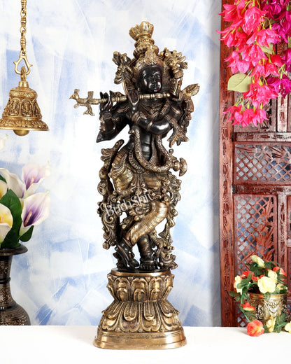 Premium Brass Lord Krishna Statue – Midnight Black Finish Handcrafted Divine Sculpture 30 inch - Budhshiv.com