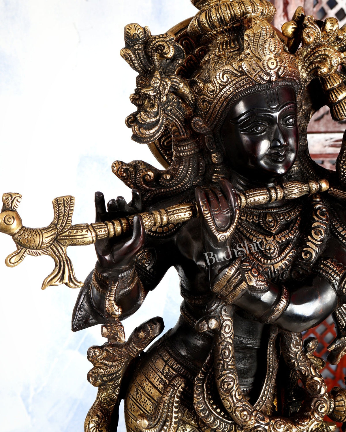 Premium Brass Lord Krishna Statue – Midnight Black Finish Handcrafted Divine Sculpture 30 inch - Budhshiv.com