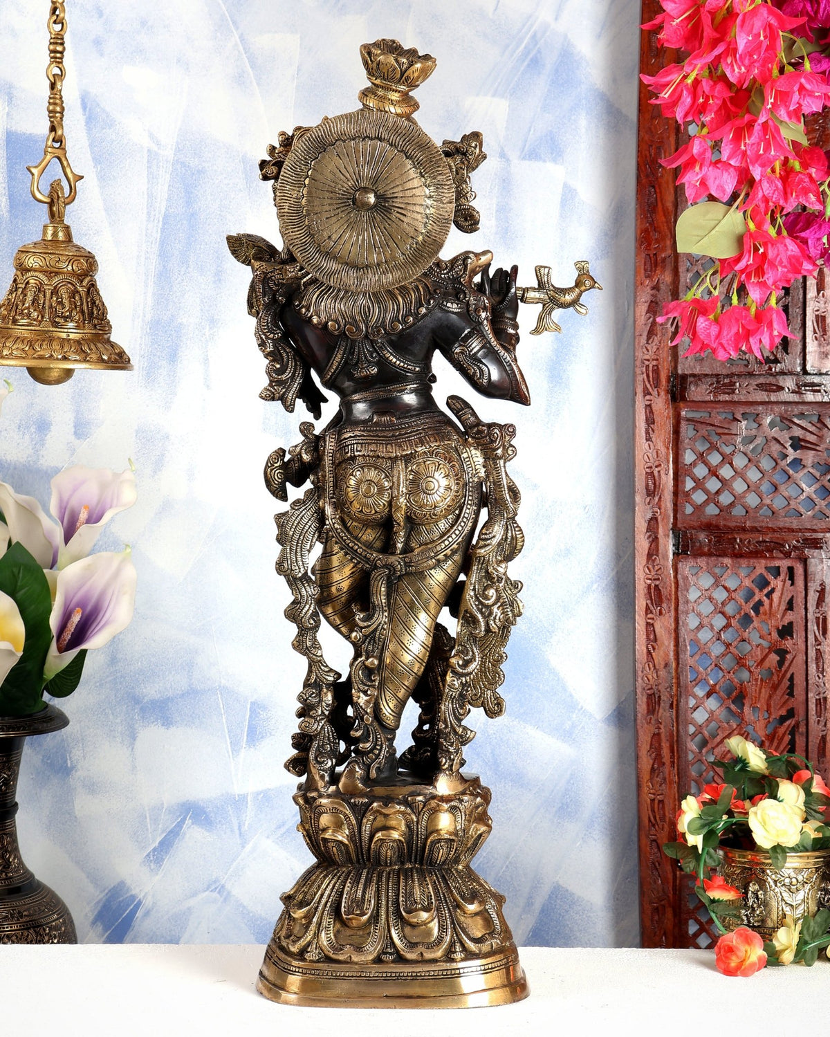 Premium Brass Lord Krishna Statue – Midnight Black Finish Handcrafted Divine Sculpture 30 inch - Budhshiv.com