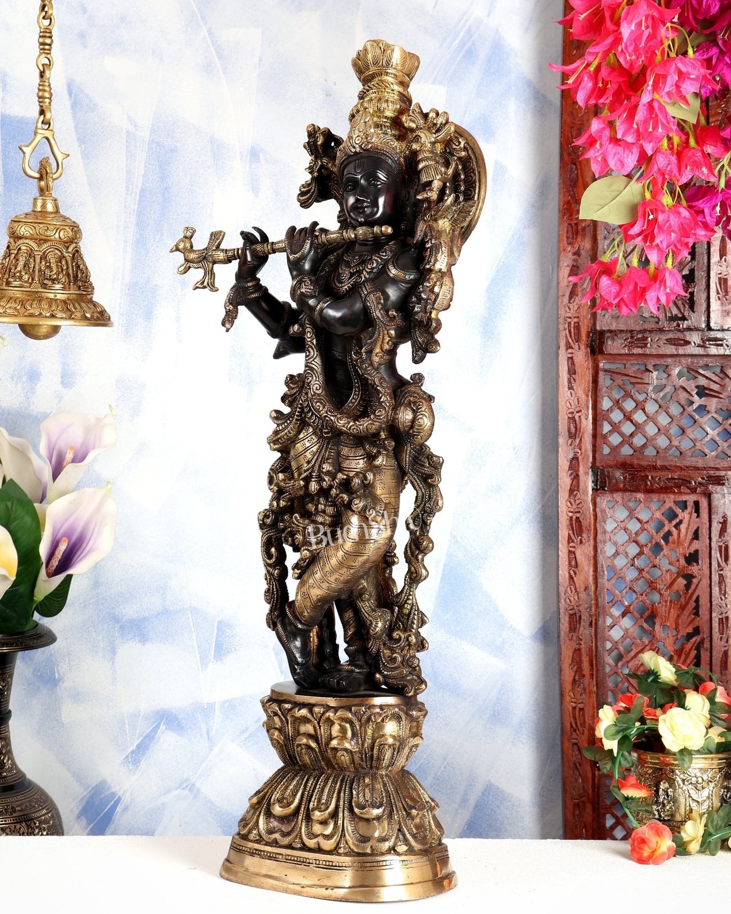 Premium Brass Lord Krishna Statue – Midnight Black Finish Handcrafted Divine Sculpture 30 inch - Budhshiv.com