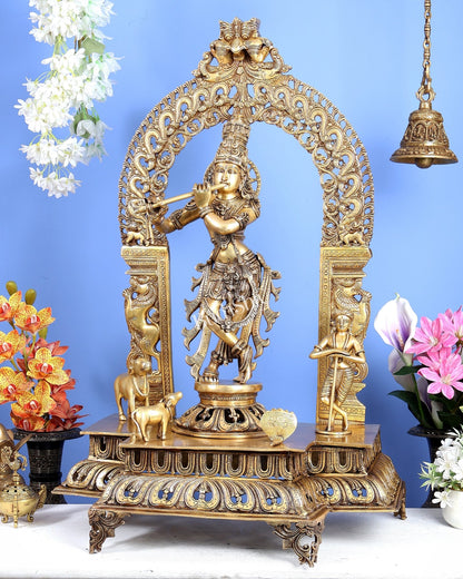 Premium Brass Lord Krishna with Cow, Calf, Sheshanaag, Sudama & Kirtimukha Prabhavali – Grand Venugopala Sculpture (36.5 Inches) - Budhshiv.com